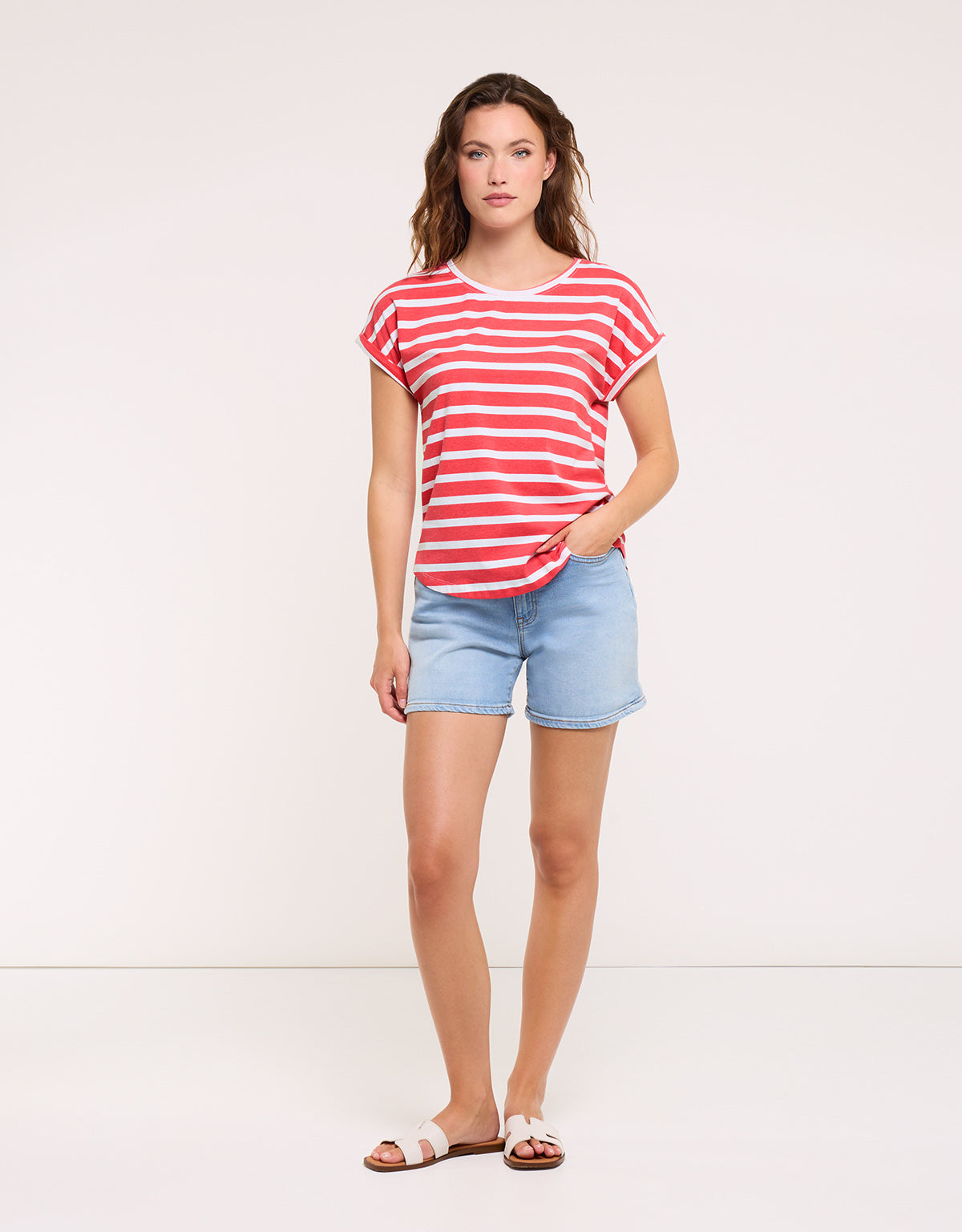 Striped Short Sleeve T-Shirt Coral- Madonna
