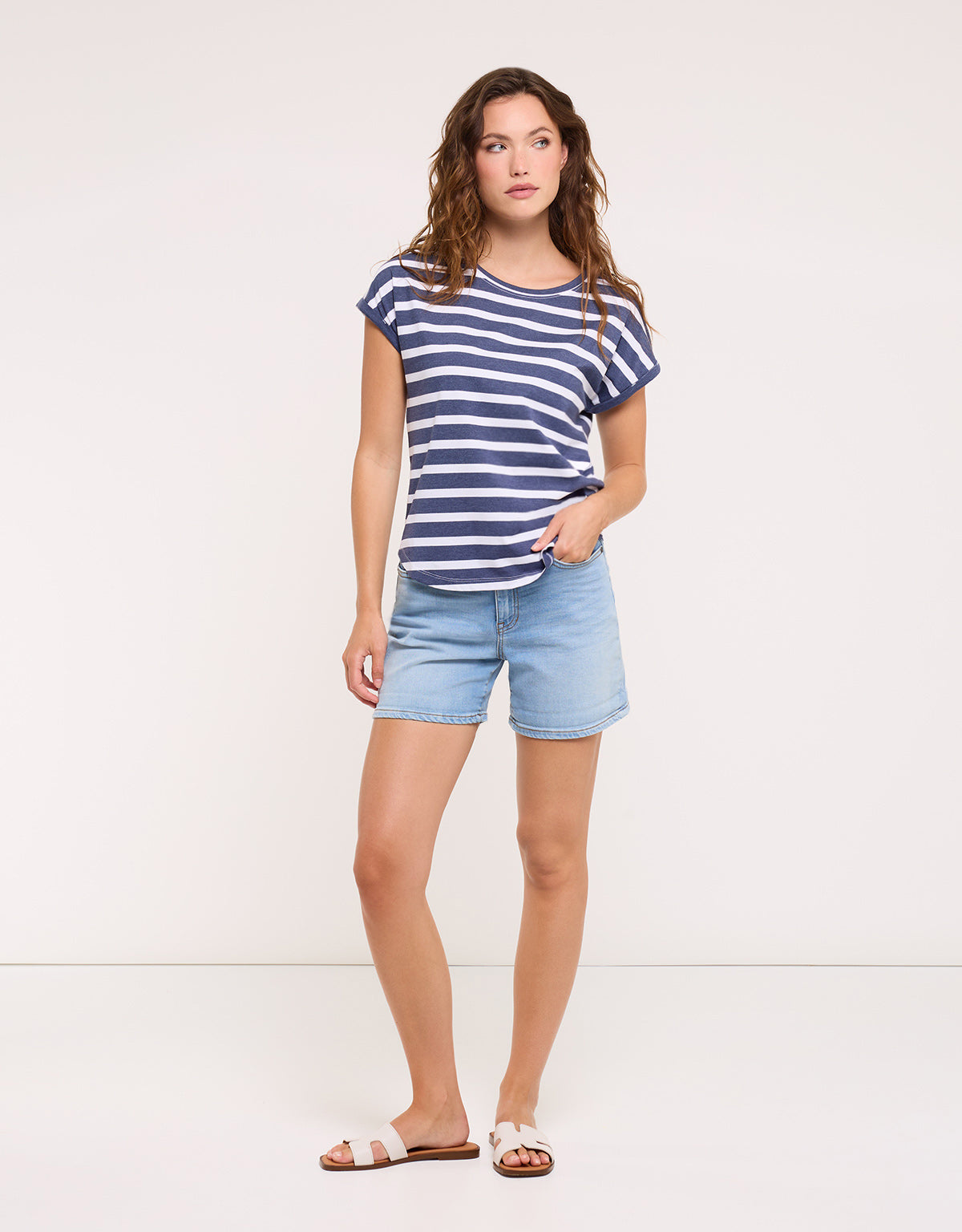 Striped Short Sleeve T-Shirt Navy Blue - Madonna