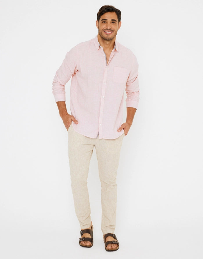 Camisa Manga Larga Lisa Lino Algodón Rosa - Veliki 5