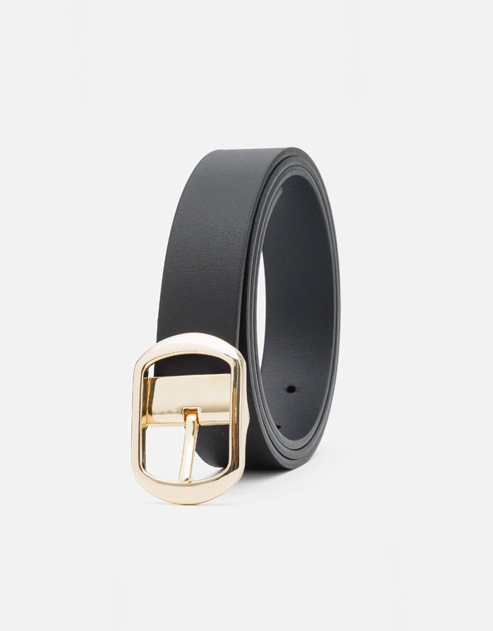 Black Leather Belt with Golden Buckle - Costa