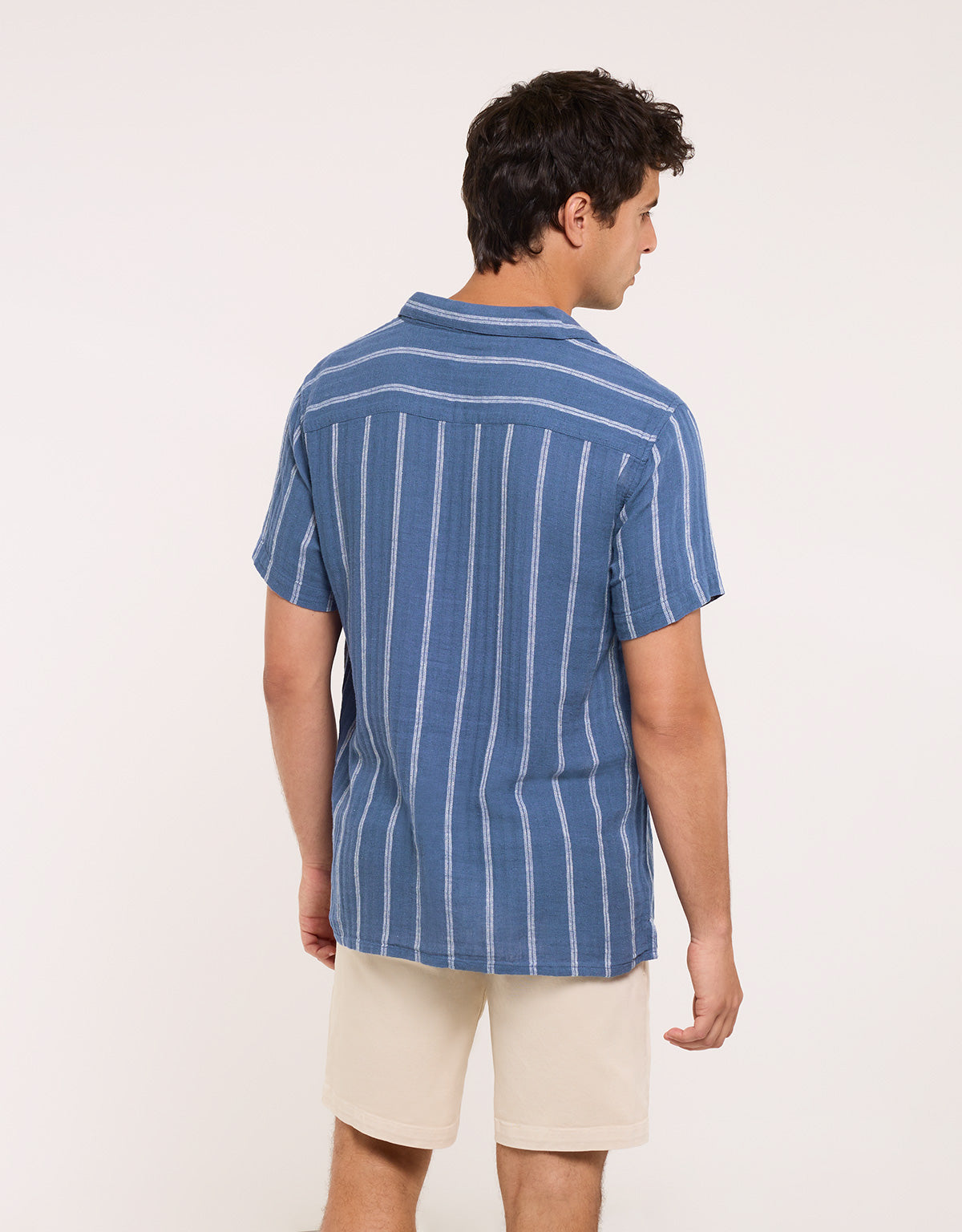 Blue Striped Linen Short Sleeve Shirt - Selvaire