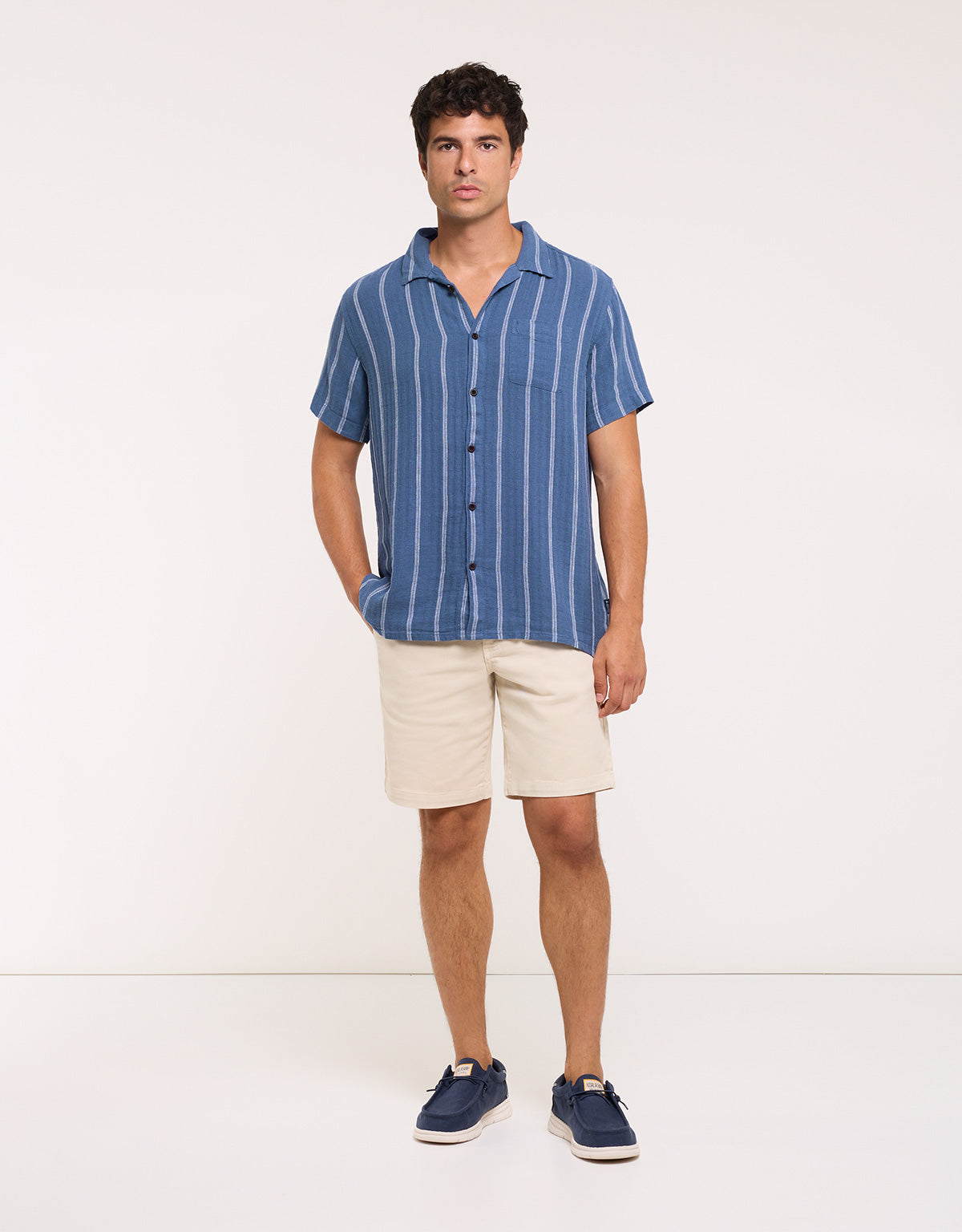 Blue Striped Linen Short Sleeve Shirt - Selvaire