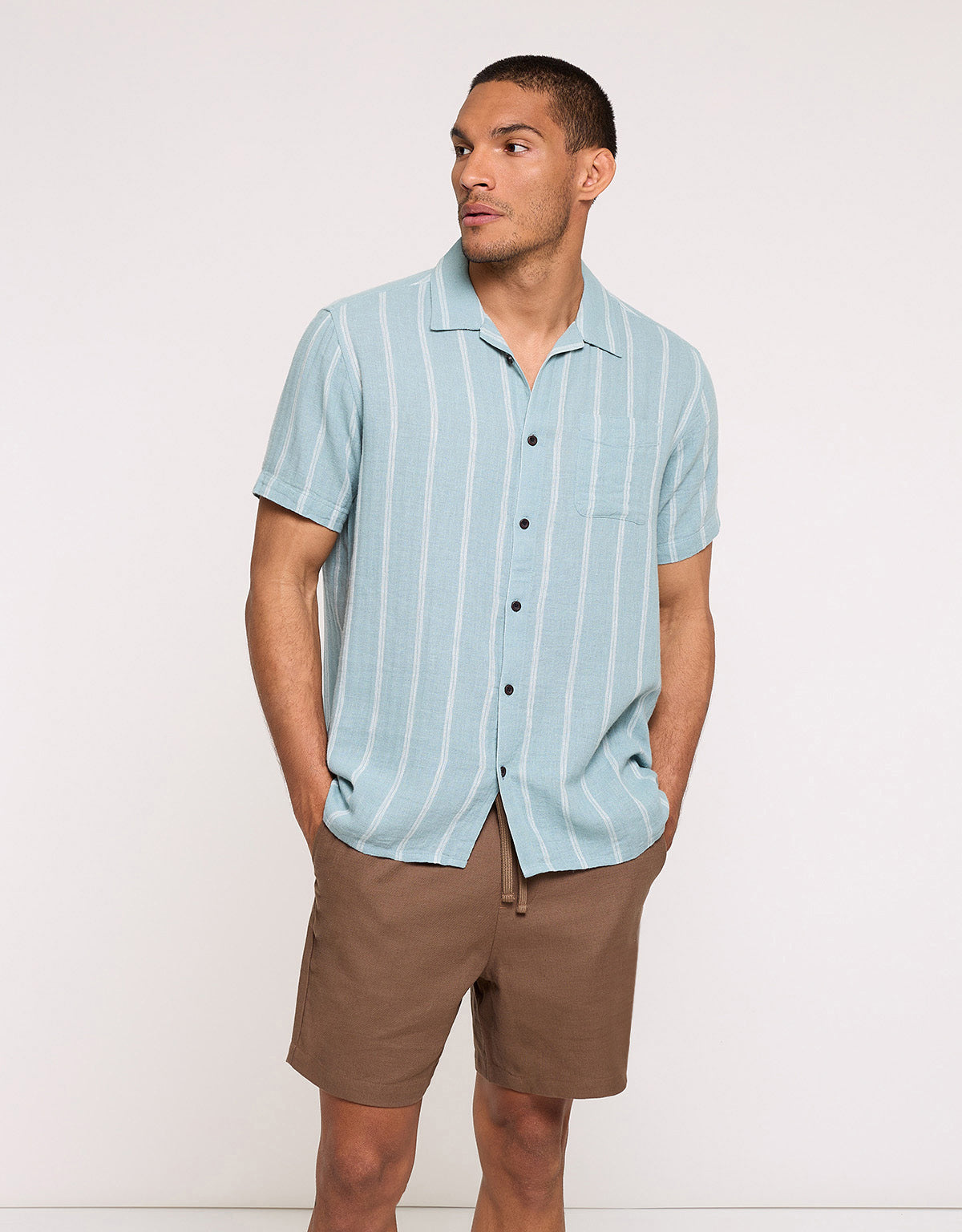 Blue Striped Linen Short Sleeve Shirt - Selvaire