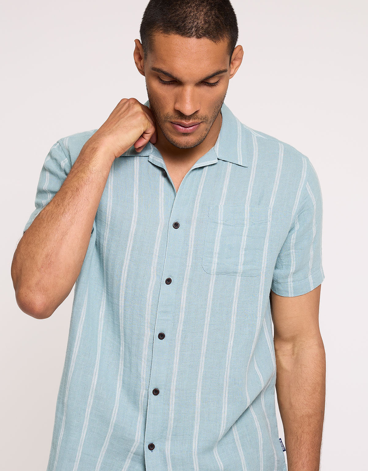 Blue Striped Linen Short Sleeve Shirt - Selvaire