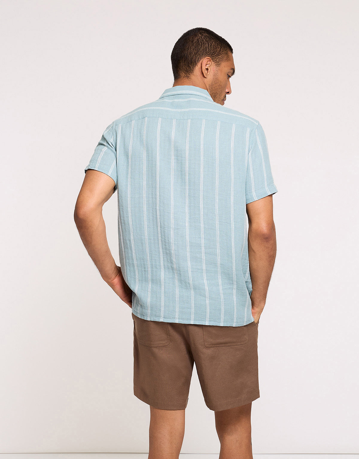 Blue Striped Linen Short Sleeve Shirt - Selvaire