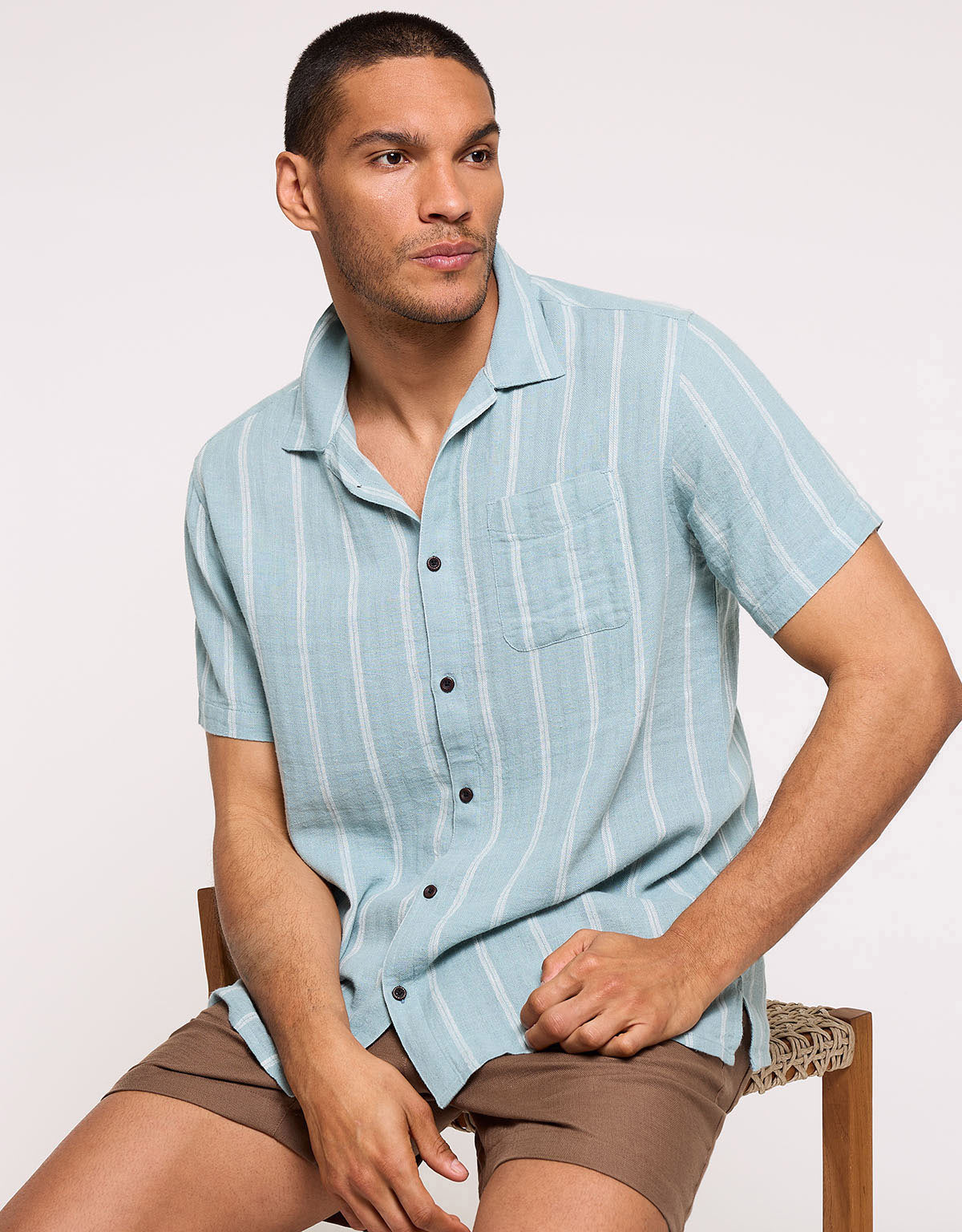 Blue Striped Linen Short Sleeve Shirt - Selvaire
