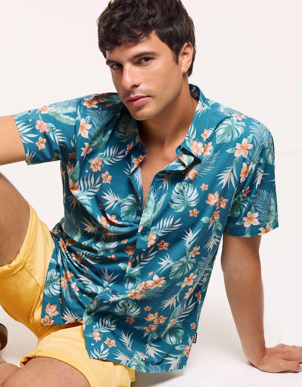 Camisa Flores Manga Corta Azul - Fiji