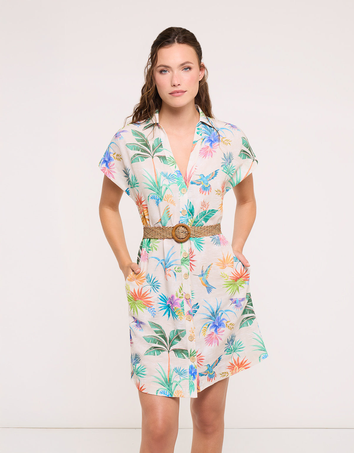 Vestido Camisero Colibríes con Cinturón - Calimea