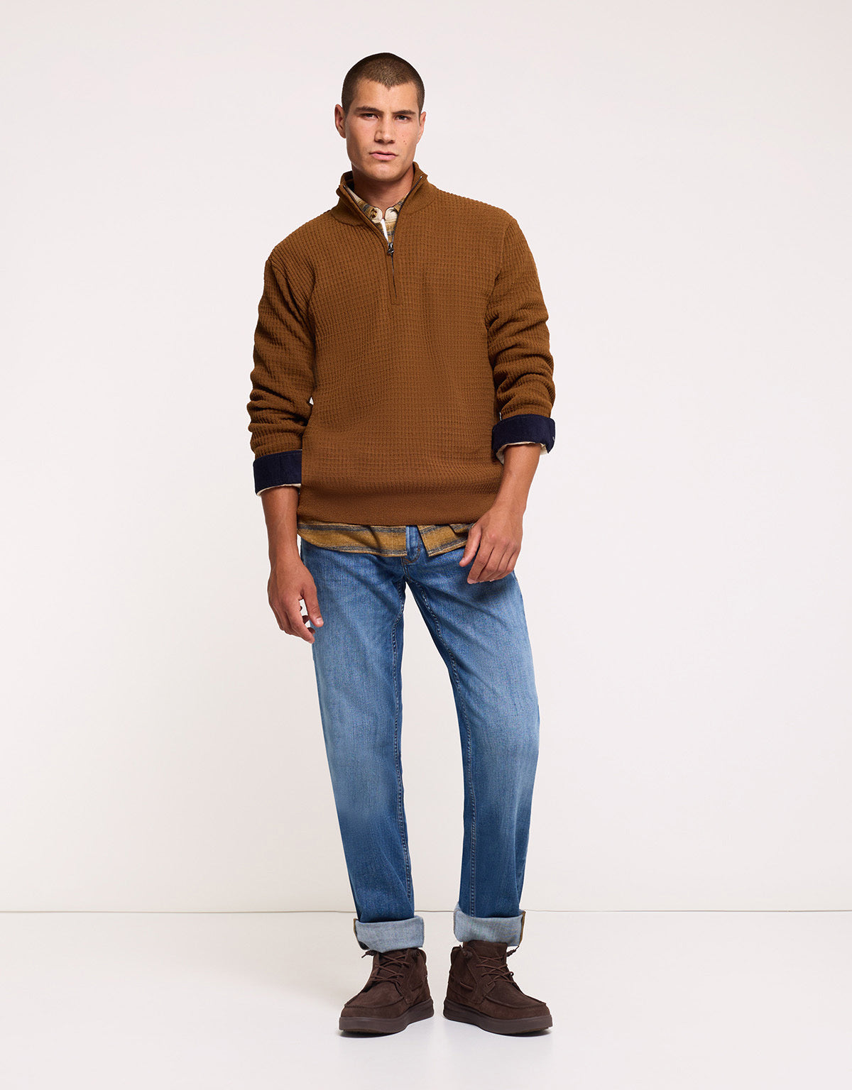 Brown Structured Knit Quarter-Zip Sweater - Cairo