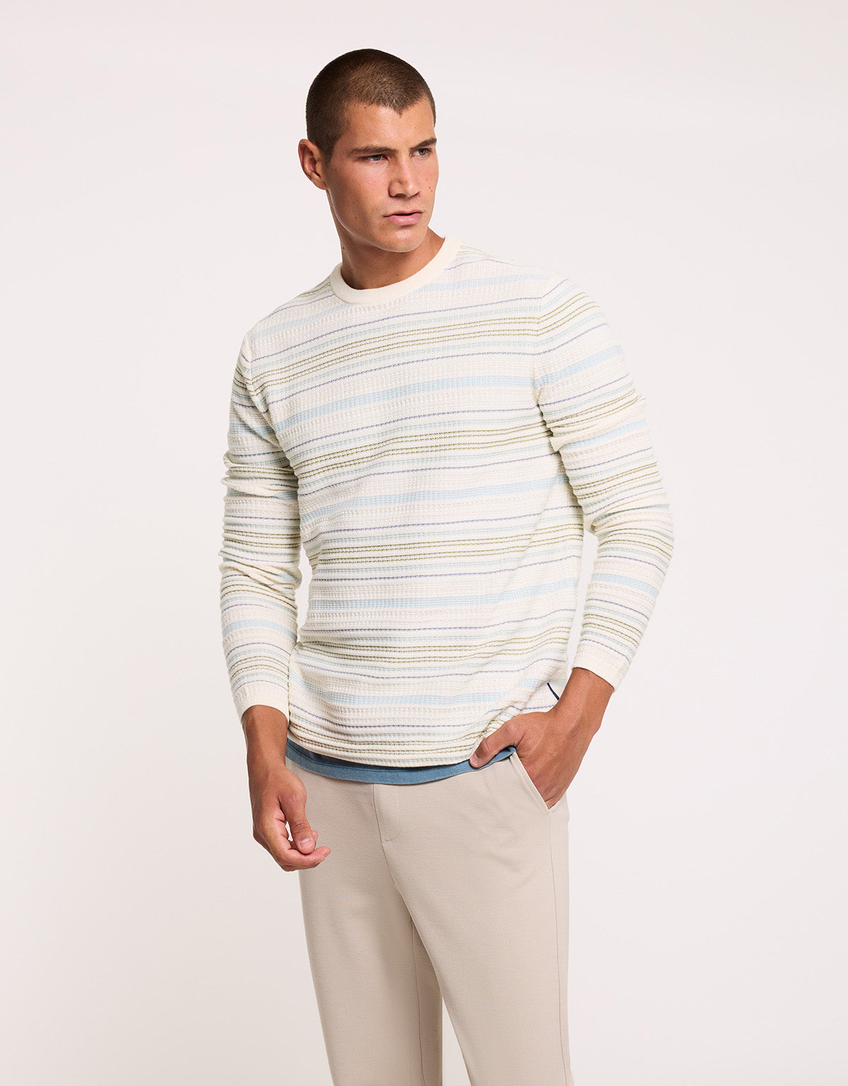 Beige and Blue Striped Sweater - Olvero