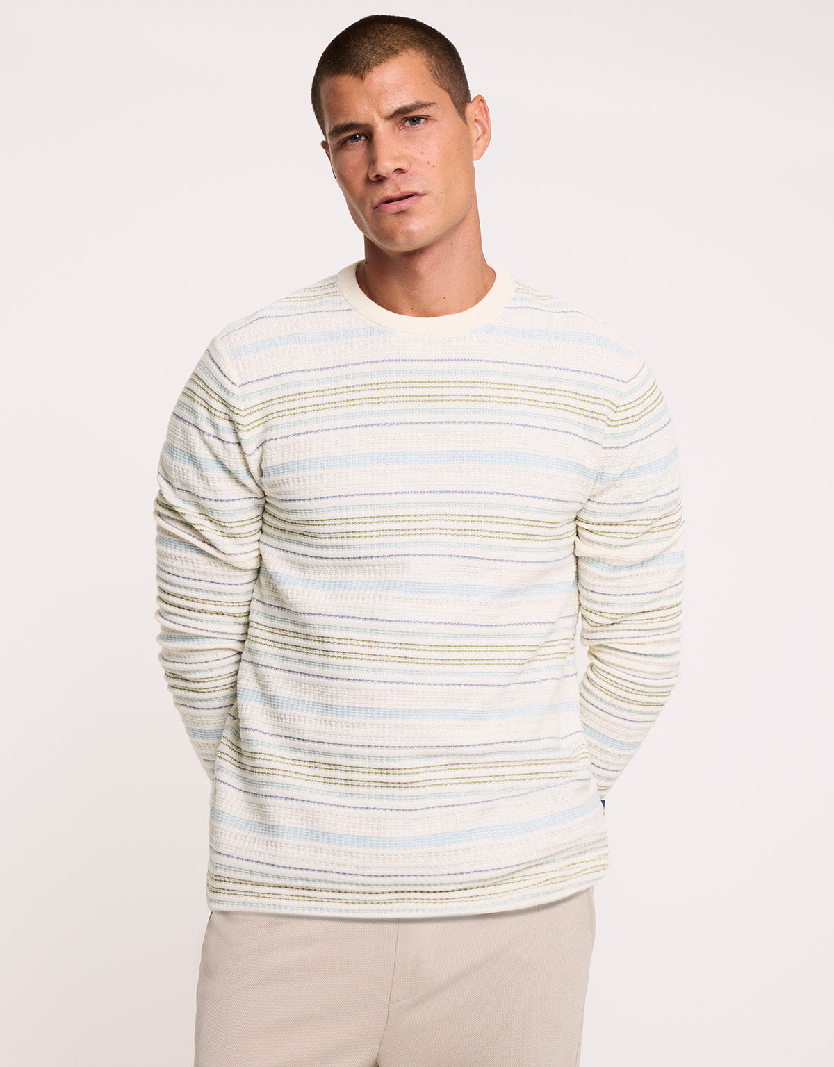Beige and Blue Striped Sweater - Olvero