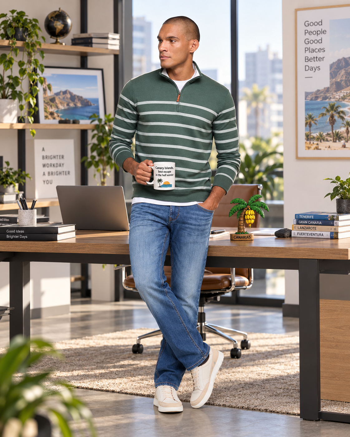 modelo con sudadera de Koala bay en un ambiente de oficina relajado