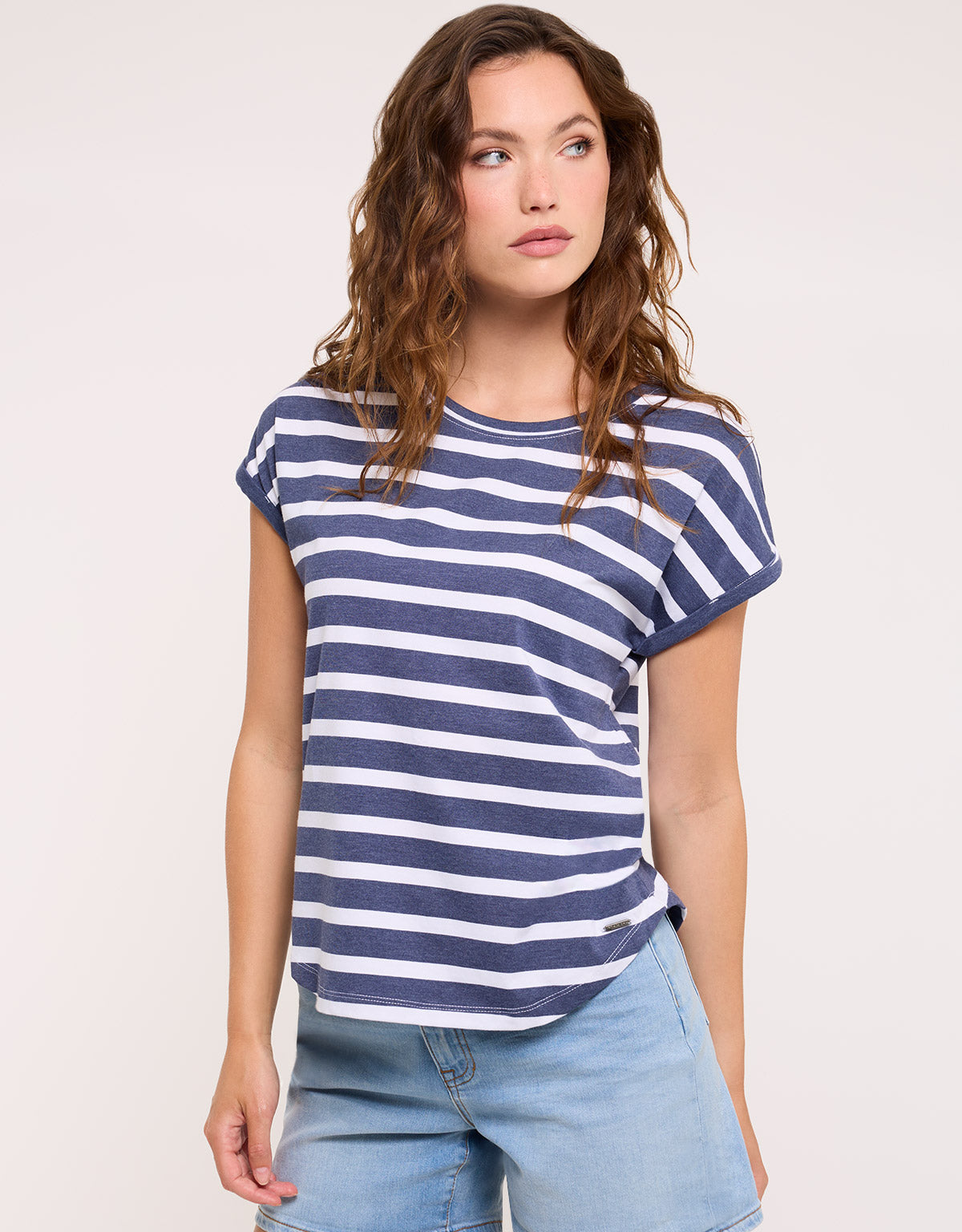 Striped Short Sleeve T-Shirt Navy Blue - Madonna