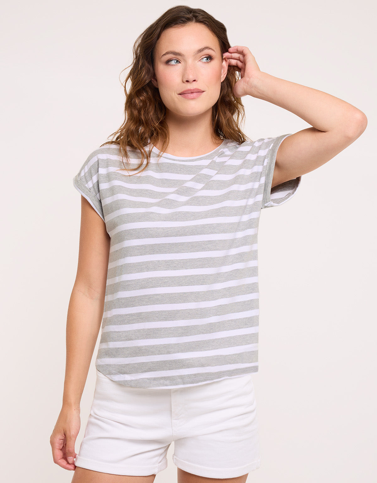 Striped Short Sleeve T-Shirt Gray- Madonna