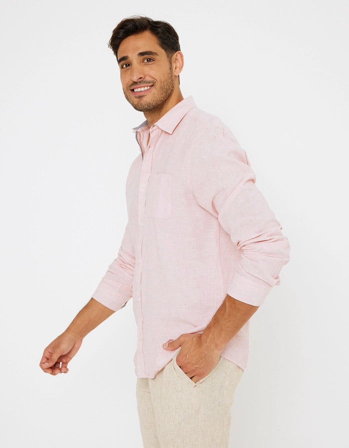 Camisa Manga Larga Lisa Lino Algodón Rosa - Veliki 3