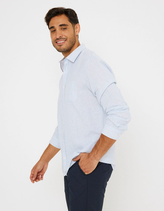 Camisa Manga Larga Lisa Lino Algodón Azul - Veliki 3