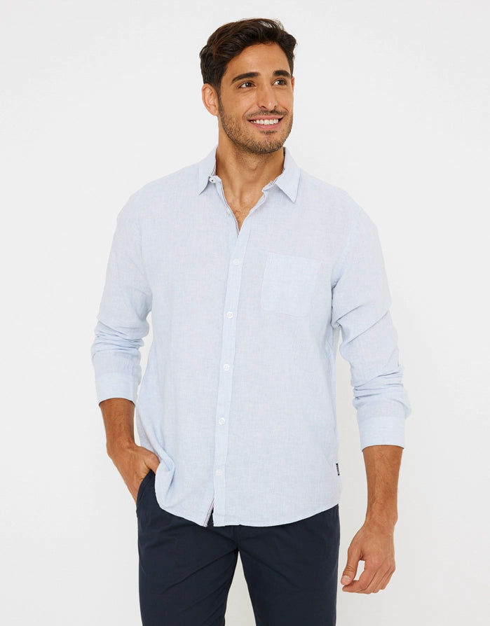 Camisa Manga Larga Lisa Lino Algodón Azul - Veliki