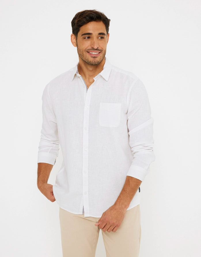 Camisa Manga Larga Lisa Lino Algodón Blanco - Veliki