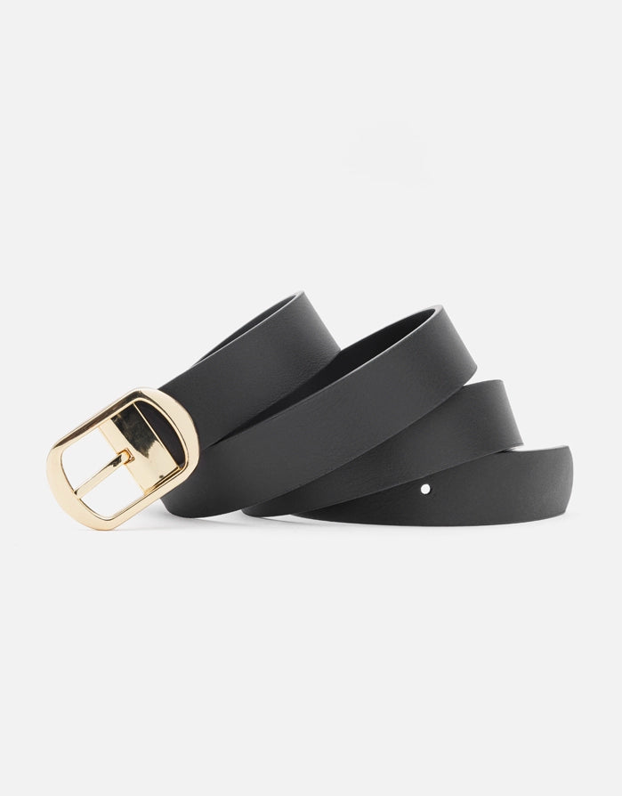 Black Leather Belt with Golden Buckle - Costa