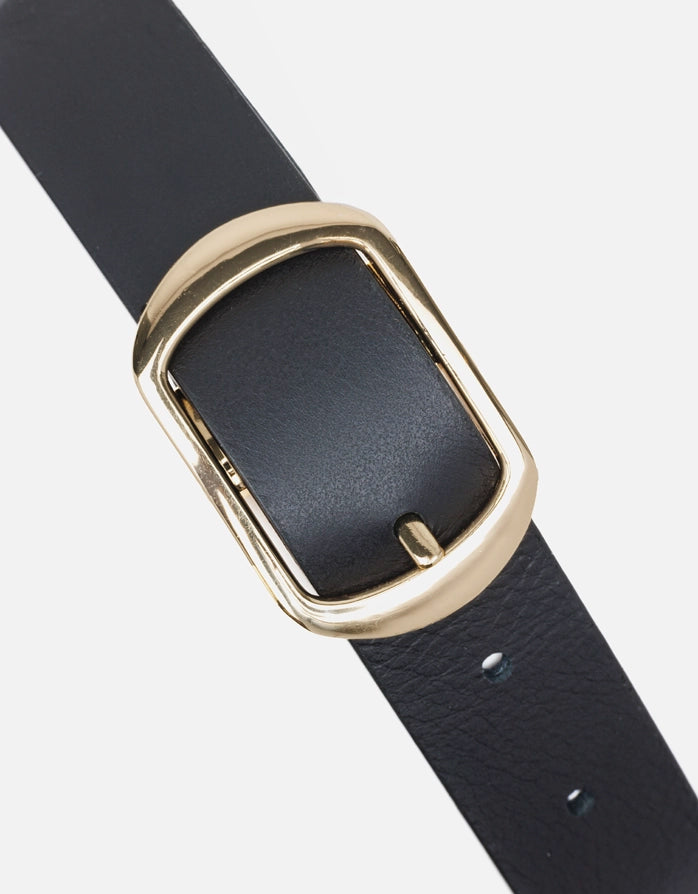 Black Leather Belt with Golden Buckle - Costa