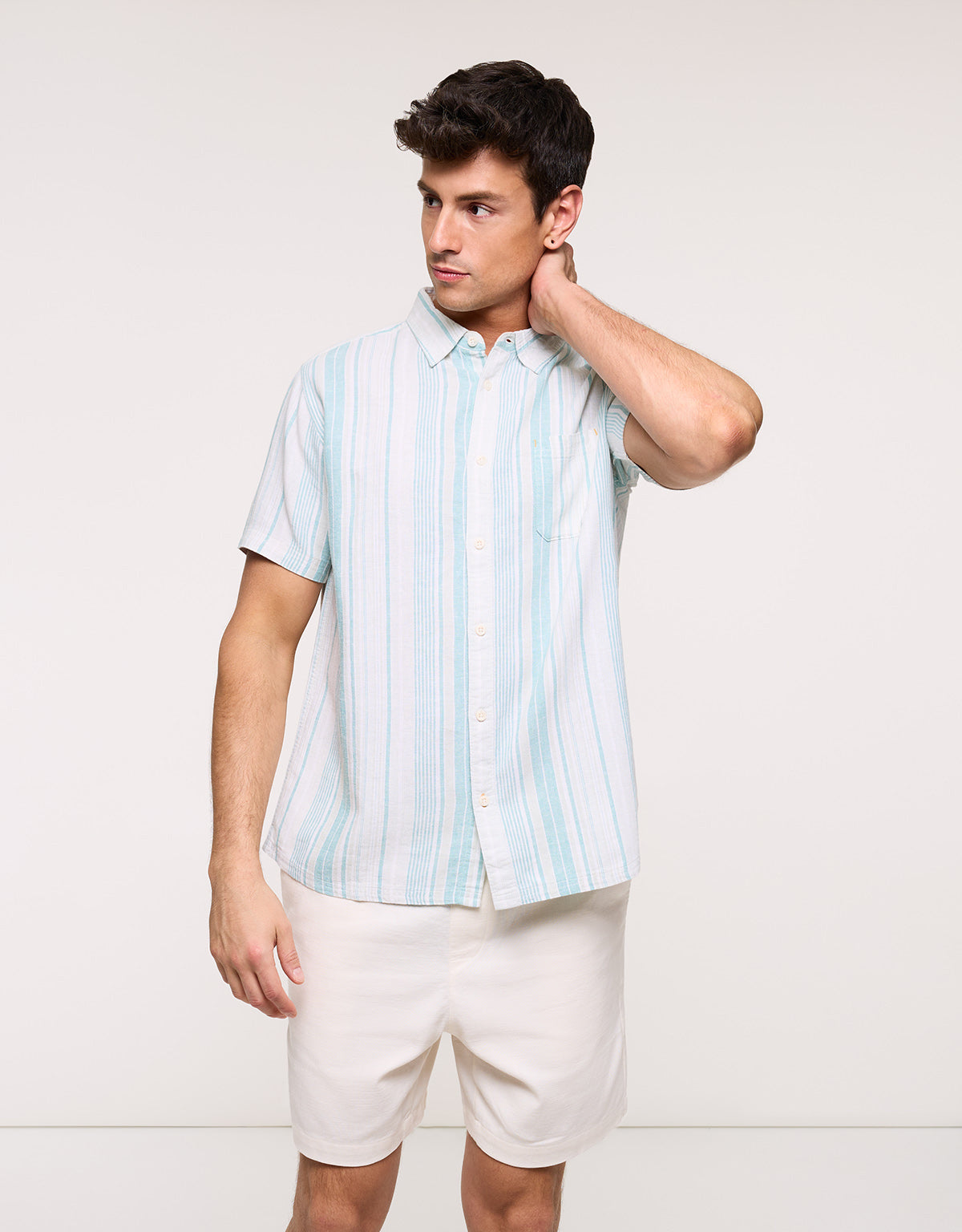 Camisa Rayas Manga Corta Turquesa - Kurezo 2