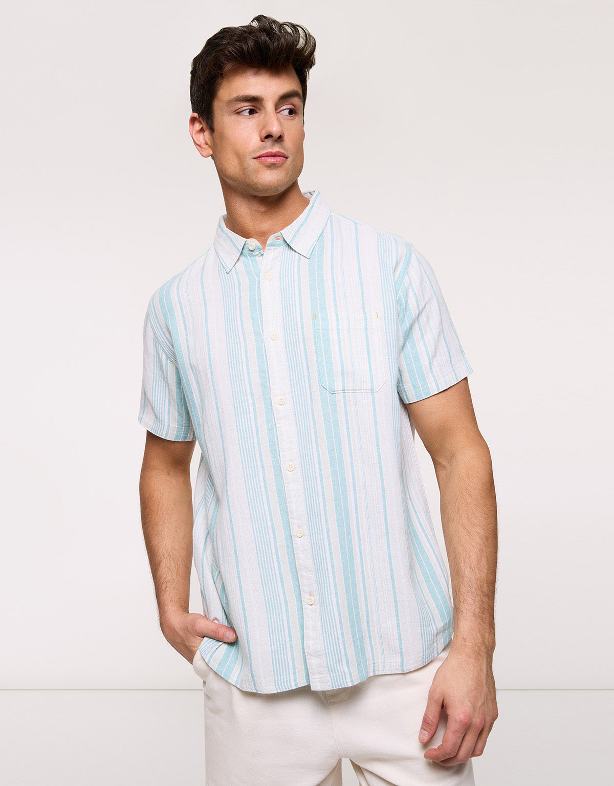 Camisa Rayas Manga Corta Turquesa - Kurezo