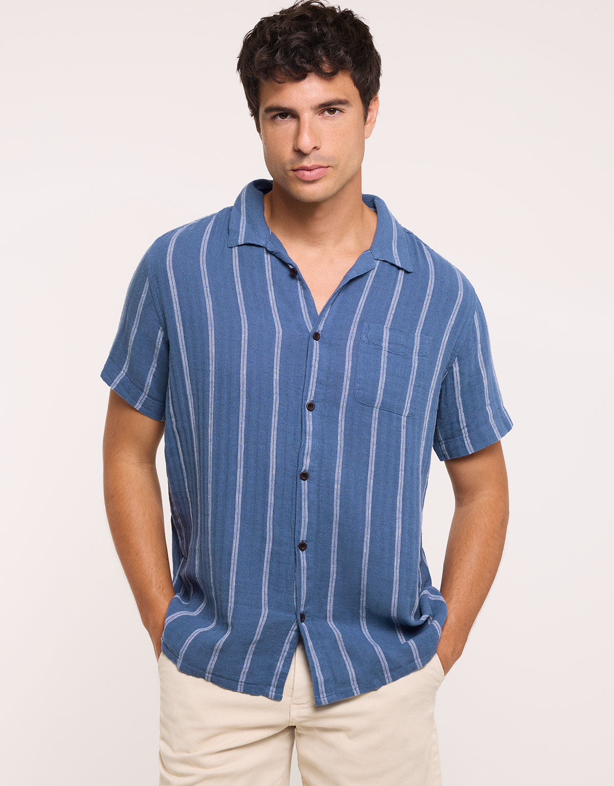 Blue Striped Linen Short Sleeve Shirt - Selvaire