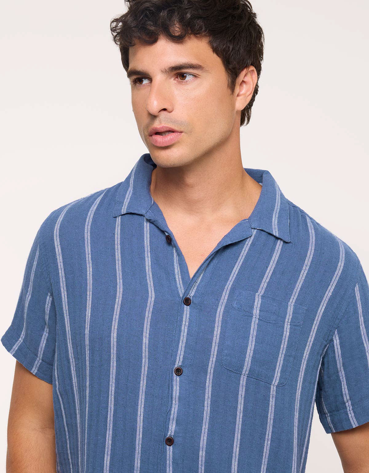 Blue Striped Linen Short Sleeve Shirt - Selvaire