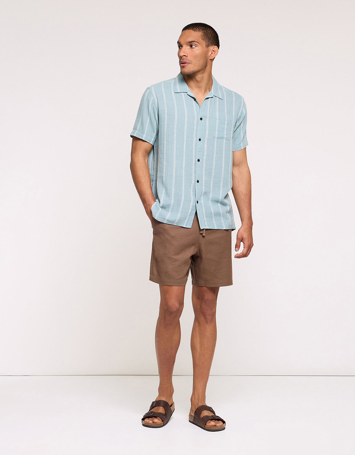 Blue Striped Linen Short Sleeve Shirt - Selvaire