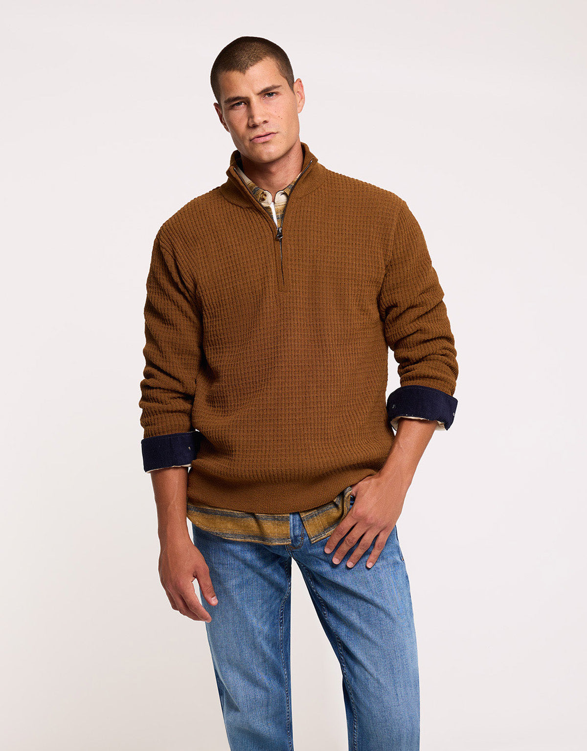 Brown Structured Knit Quarter-Zip Sweater - Cairo
