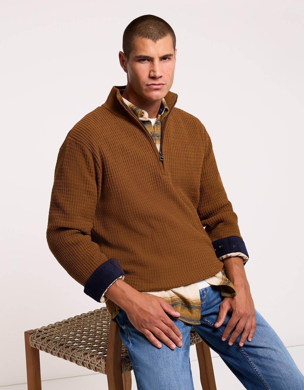 Brown Structured Knit Quarter-Zip Sweater - Cairo