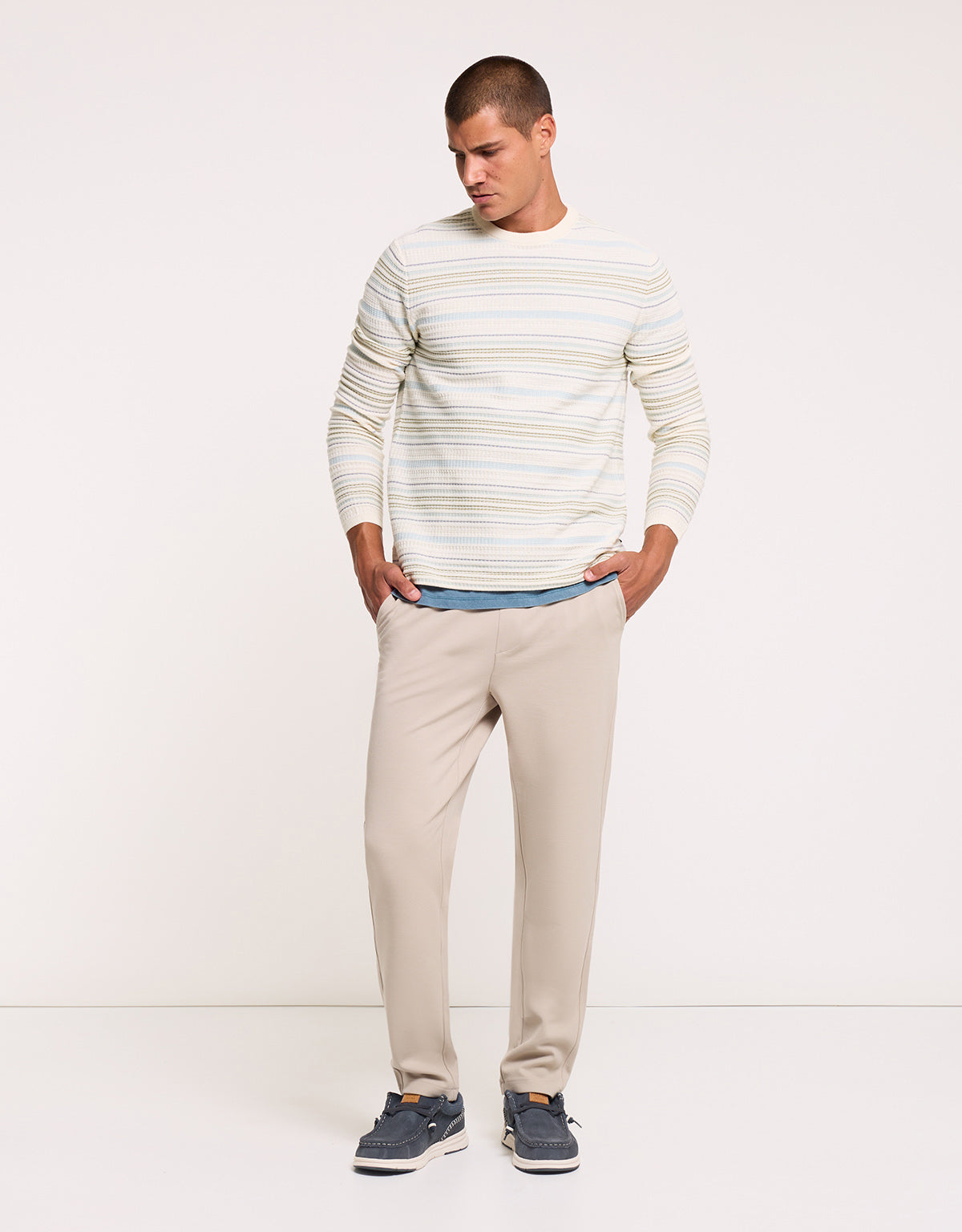Beige and Blue Striped Sweater - Olvero