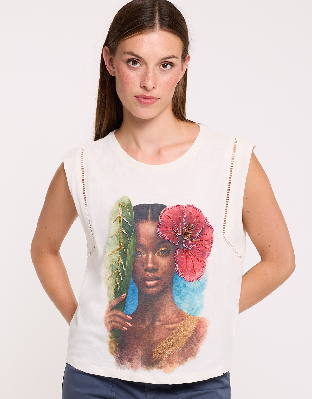 White Sleeveless Rhinestone T-Shirt - Zotiana